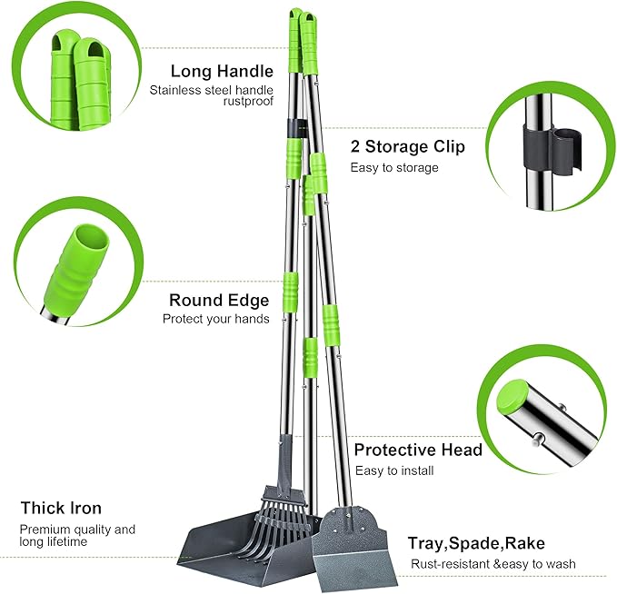 Niubya Pooper Scooper for Dogs, Metal Poop Scooper Tray Spade and Rake Set, Poop Scoop with Adjustable Long Handle, Dog Pooper Scooper for Pet Waste Removal-Mewly Pet