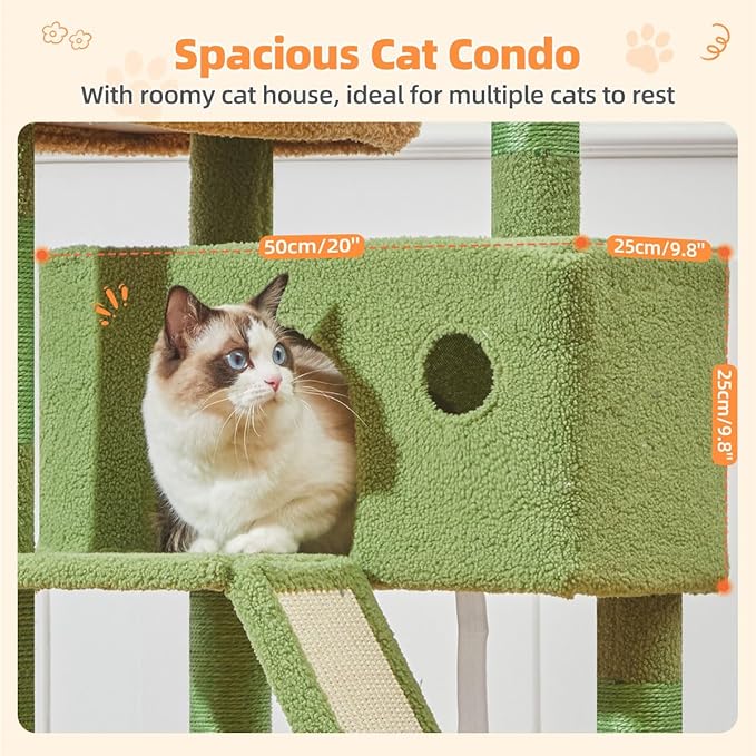 Taoqimiao Cactus Cat Tree, 57.5-Inch Cat Tower for Indoor Cats Large Adult, Extra Large Cat Condo, 8 Sisal Scratching Posts, Metal Frame Cozy Hammock, Durable Scratch Board, 2 Top Perches, MSC026-Mewly Pet