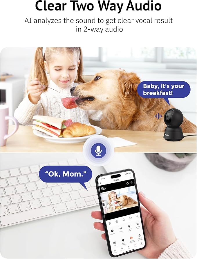 Hugolog 3K 5MP Indoor Pan/Tilt Security Camera with Auto-Focus,2.4 GHZ/5 GHZ,Ideal for Baby Monitor/Pet Camera,Starlight Color Night Vision,Human/Pet AI,Two-Way Audio,US Cloud,Compatible with Alexa-Mewly Pet