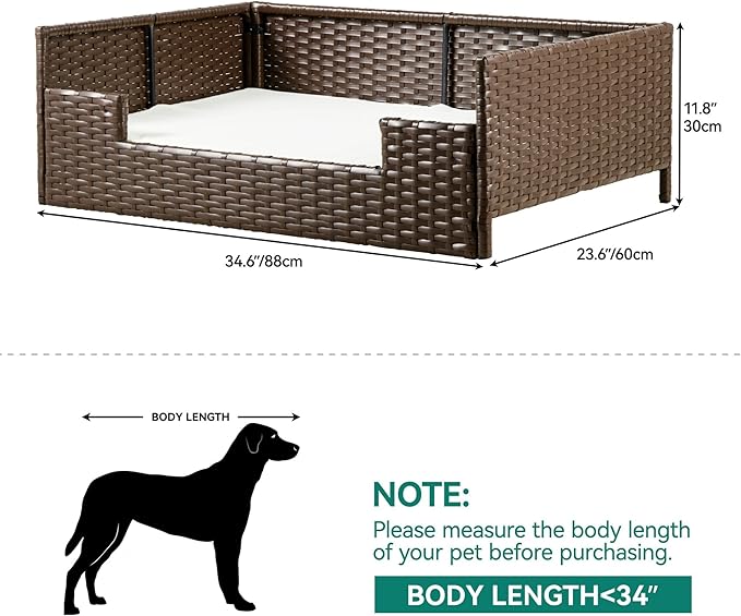 YITAHOME Rattan Dog Sofa Bed with Cushion, Wicker Pet Bed Sofa Couch Indoor Outdoor Waterproof for Large Medium Small Dogs Cats (34.6''L*23.6''W*11.8''H,Beige)-Mewly Pet