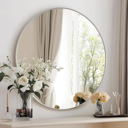 Silver Round Mirror, Silver Round Mirror 24 inch, Circle Bathroom Mirrors Metal Frame, Circle Mirrors for Wall, Over Sink, Bathroom, Living Room, Vanity.