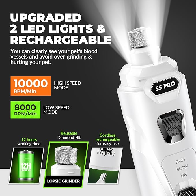 Dog Nail Grinder with 2 LED Lights Powerful 2 Speeds Super Quiet Dog Nail Trimmers with 3 Grinding Wheels Rechargeable Pet Dog Nail Clippers for Large Medium Puppy Dogs Dog Nail File Cat Nail Clipper-Mewly Pet