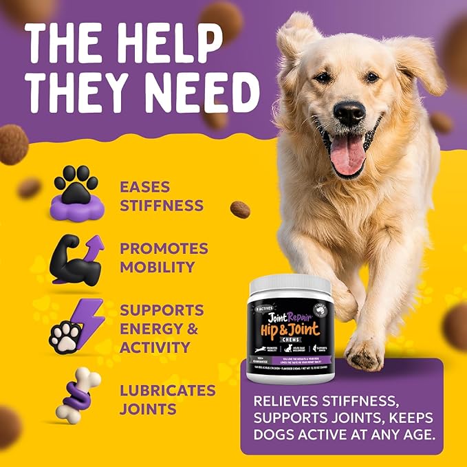 Joint Repair Hip and Joint Chews for Dogs Glucosamine, Chondroitin, MSM, Hemp, Omega 3 & Turmeric for Dog Joint Support, Mobility & Pain Relief - (120 Chicken Chews, Made in USA)-Mewly Pet