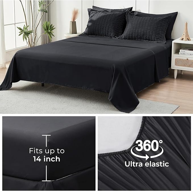HYMOKEGE Black California King Comforter Set Seersucker 7 Pieces, All Season Luxury Bed in a Bag for Bedroom, Bedding Set with Comforters, Sheets, Pillowcases & Shams