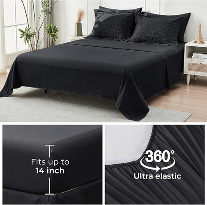 HYMOKEGE Black California King Comforter Set Seersucker 7 Pieces, All Season Luxury Bed in a Bag for Bedroom, Bedding Set with Comforters, Sheets, Pillowcases & Shams