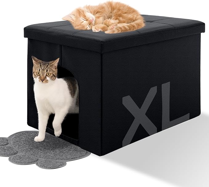 MEEXPAWS Cat Litter Box Enclosure Furniture Hidden, Cat Washroom Bench Storage Cabinet |Large 25.6'' x 17.7'' x 17.7''| Dog Proof | Waterproof Inside/Easy Clean | Easy Assembly | Odor Control(Black)-Mewly Pet