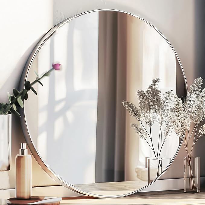 Silver Round Mirror 24 inch, Circle Mirror with Metal Frame, Silver Circle Mirrors for Living Room, Bathroom, Wall, Hallway.