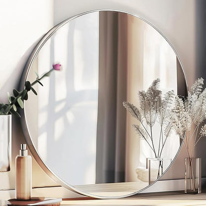 Silver Round Mirror 30 inch, Round Bathroom Mirror, Silver Circle Mirrors with Aluminum Frame, Circle Wall Mirrors for Bathroom, Living Room, Hallway, Bedroom.