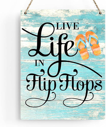 Rustic Live Life in Flip Flops Wood Hanging Sign, Farmhouse Quality Artwork Decor, Summer Wooden Plaque Sign Wall Art, Home Beach House Pool Decoration (8 x 10 Inches) (JTMP080)