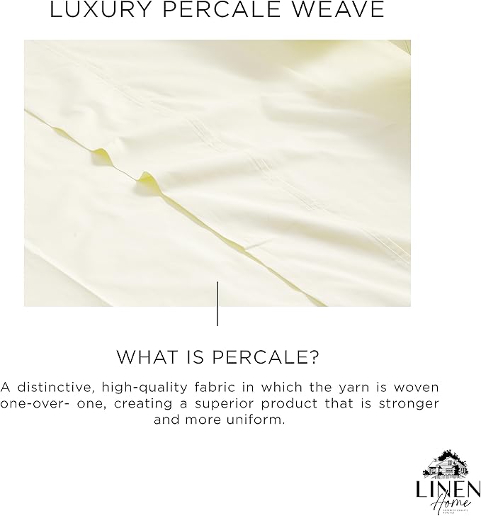 Linen Home 100% Cotton Percale Sheets King Size, Cream, Deep Pocket, 4 Pieces Set - 1 Flat, 1 Deep Pocket Fitted Sheet and 2 Pillowcases, Crisp Cool and Strong Bed Linen