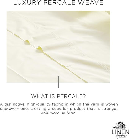 Linen Home 100% Cotton Percale Sheets King Size, Cream, Deep Pocket, 4 Pieces Set - 1 Flat, 1 Deep Pocket Fitted Sheet and 2 Pillowcases, Crisp Cool and Strong Bed Linen