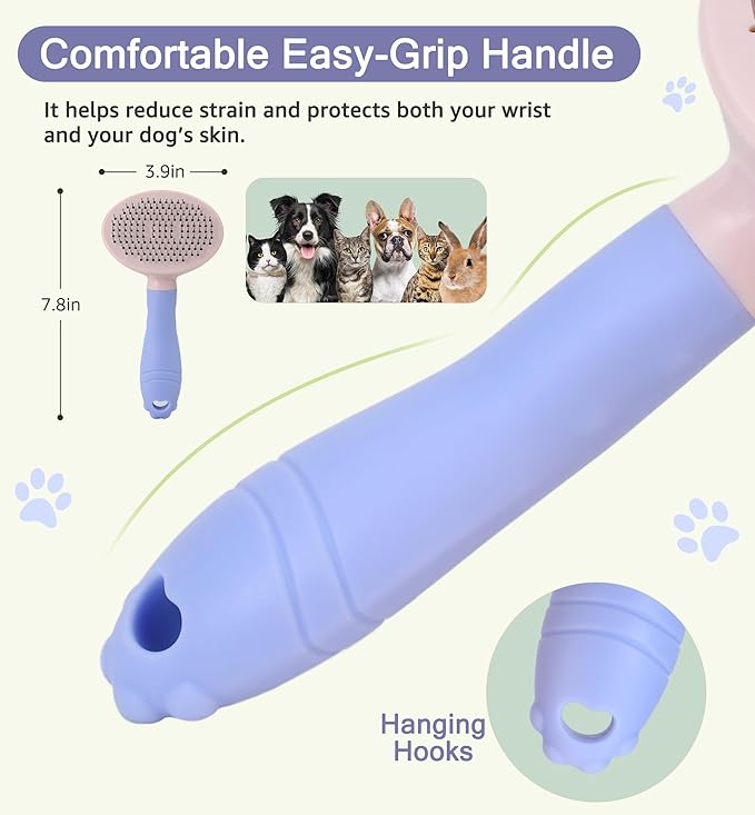 Pet Self-Cleaning Slicker Brush for Dogs & Cats, Deshedding Grooming Comb, Removes Loose Undercoat Hair & Mats, Skin-Friendly Massaging Tool for Long/Short Fur, Large & Small Breeds (Purple)-Mewly Pet
