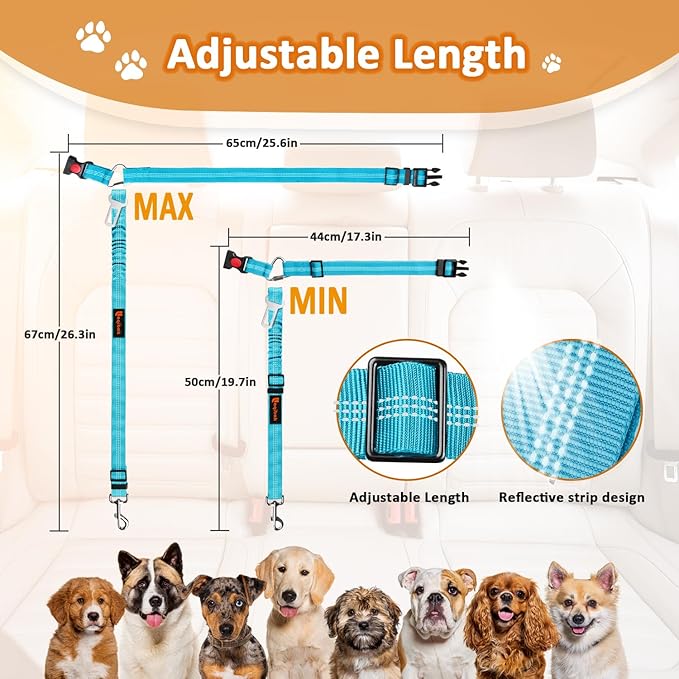 Removable Dog Seat Belt Harness for Car, 3 in 1 Pet Dog Car Seatbelt Leash, Retractable Restraint Secures to Vehicle Headrest & Adjustable Reflective Bungee Dog Seatbelt Tether, Blue and Black-Mewly Pet