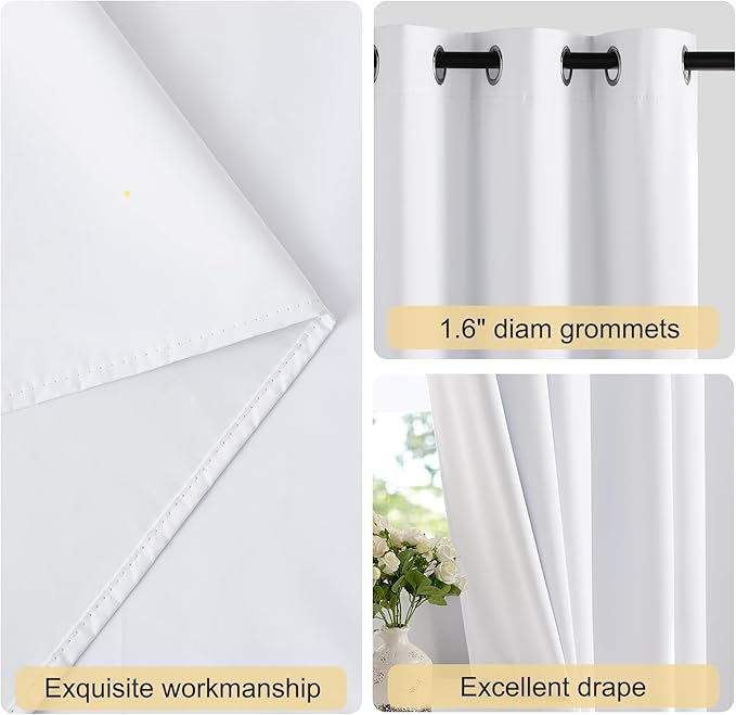 NICETOWN 100% Blackout Window Curtain Panels 63 inch Length for Bedroom, Set of 2, Snow White, 42 inches Wide, Thermal Insulated Drapes