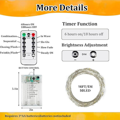 4-Pack Fairy Lights Battery Operated with Remote & Timer & 8 Modes, Waterproof 16 FT 50 LED String Lights Outdoor Indoor, Battery Twinkle Lights for Christmas Bedroom Centerpiece Décor (Warm White)