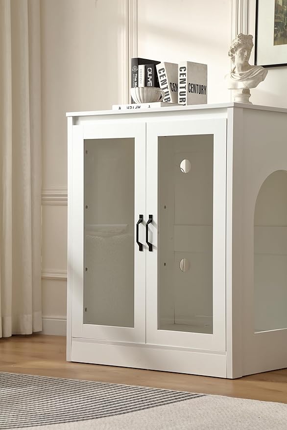 Cat Litter Robot Enclosure with Cat-Observant Glass Doors,Litter Robot Cabinet with Cozy LED for Cats,Reversible and Optional Entry(Left or Right),Power Outlet for More Choice, (White)-Mewly Pet