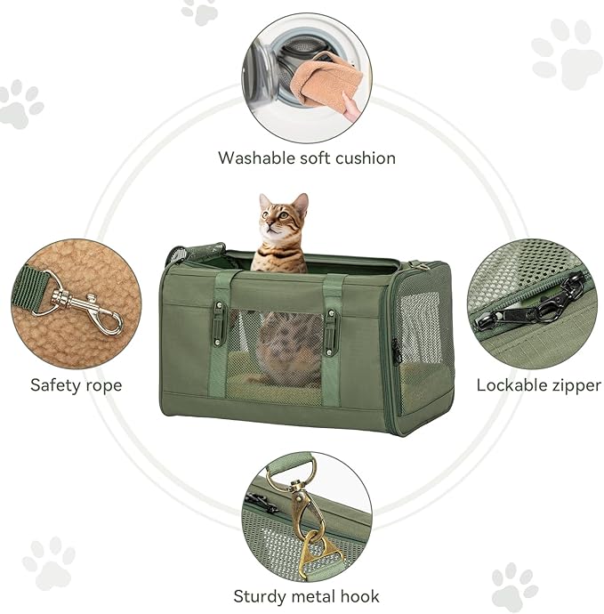 Petsfit 19x12x12 Pet Carrier for Large Cats (up to 20 lbs), Soft-Sided Small Dog Travel Carrier, Upgraded with Patented Buckle and Soft Padding, Ideal for Car Road Trips Green-Mewly Pet