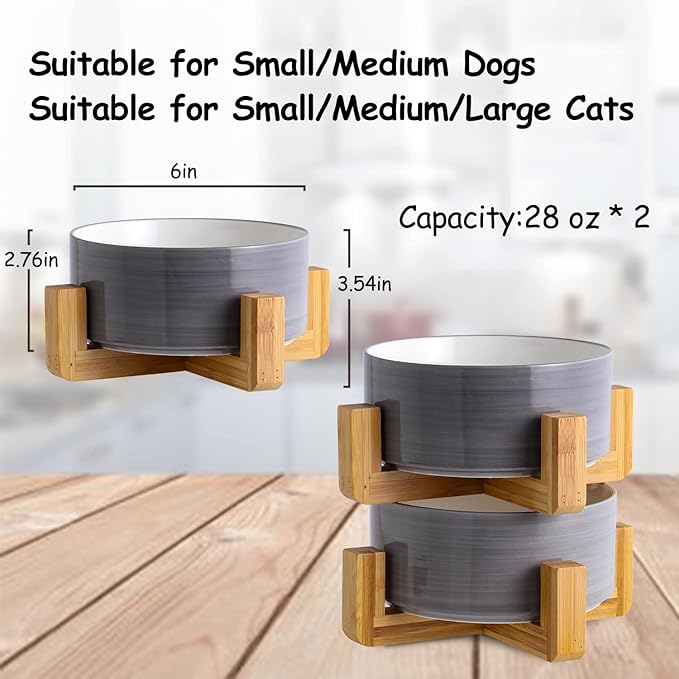 Petygooing Ceramic Cat Dog Bowl Set with Stand, Pet Food and Water Bowl,Medium Pet Dishes Anti Slip Set of 2 Cat Dog Bowls-Cute Modern Pet Food Bowls Small Medium Size (28 OZ /3.6 Cups) Grey White-Mewly Pet