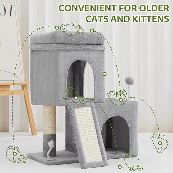 24inch Tall cat Tree with 2 cat condo and Mouse Toy Cozy Small cat Tower with Scratching Post and Board for Kitties and Small Cats.（Light Grey）-Mewly Pet