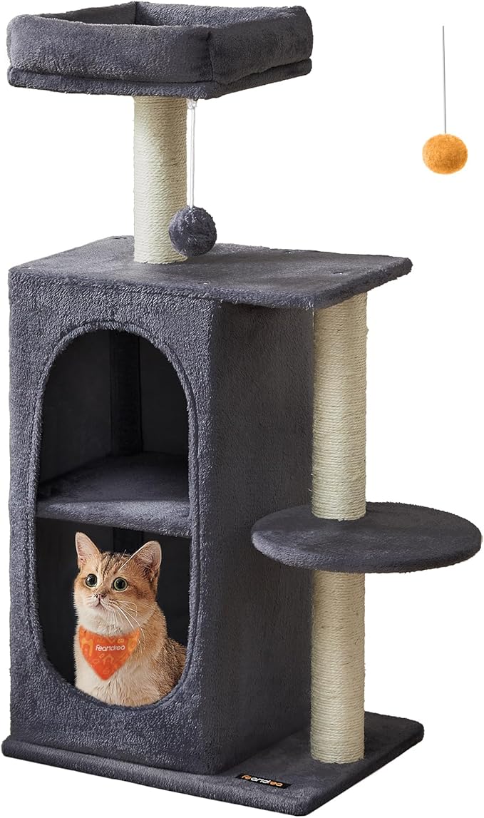 Feandrea Cat Tree Tower with 2 Caves for Multi-Cat Households, Kittens, Scratching Posts, Dark Gray UPCT005G02-Mewly Pet