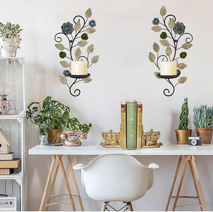 Wall Sconces Candle Holder Set of 2, Antique Multi-Color Leaf Branch Wall Mount Hanging Metal Wall Candle Holder Candle Sconce for Living Room Dining Room