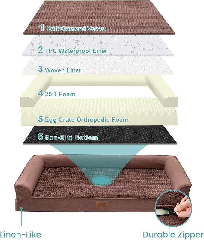 Orthopedic Dog Bed for Extra Large Dog, XL Pet Couch for XLarge Dog, Supportive Foam Bolster Sofa with Waterproof Lining Cover, Anti-Slip, Comfort, Washable, 42x30x7.5 in, U Shape, Brown-Mewly Pet