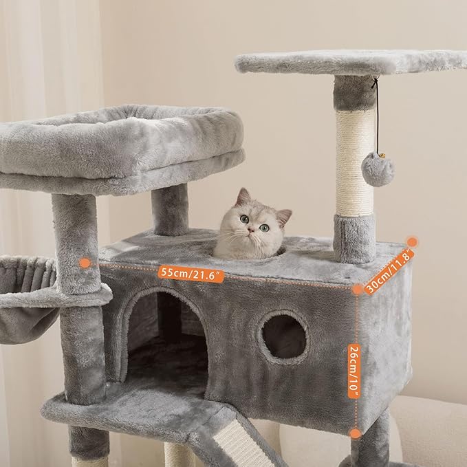 73 inches Large Cat Tree for Indoor Cats, Tall Cat Tower with Sisal Scratching Posts and Pads, Padded Plush Perch, Cozy Basket, Plush Condo for Large Cats (Grey)-Mewly Pet