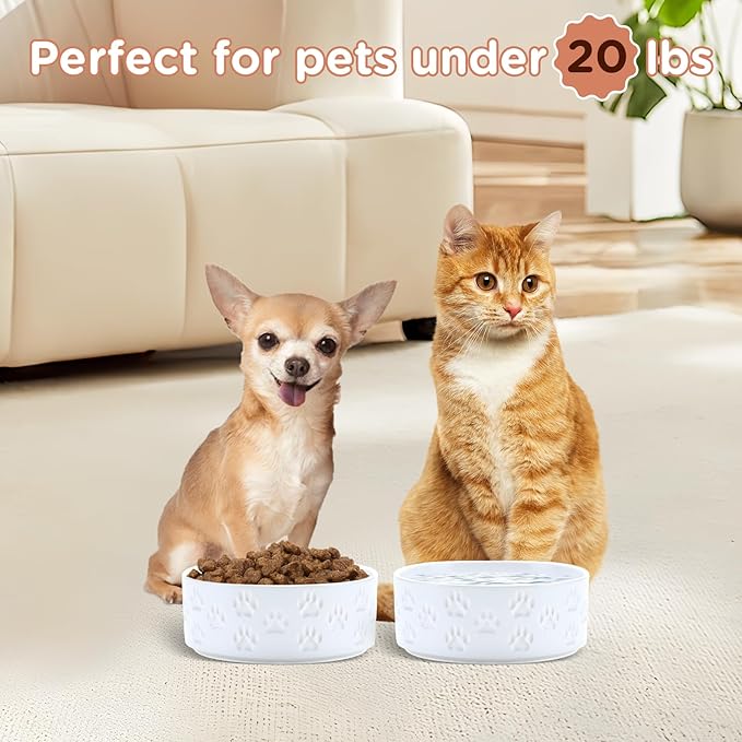 SPUNKYJUNKY Ceramic Dog and Cat Bowls 2 Pack, 5.1'' Dog and Cat Food Water Double Feeding Bowls Non-Slip for Cats and Puppy Small Sized Breed Dogs Microwave Dishwasher Safe - 13.5 OZ, 2pcs, Paw White-Mewly Pet
