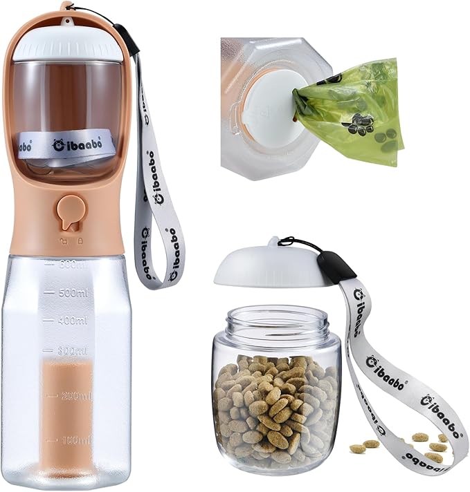 Dog Water Bottle with Food Container & Poop Bag Holder, Travel Water Bowl, Portable Pet Dispenser, Dog Stuff Accessories Items, Puppy Essentials Necessities for Yorkie Chihuahua Walking Hiking-Mewly Pet
