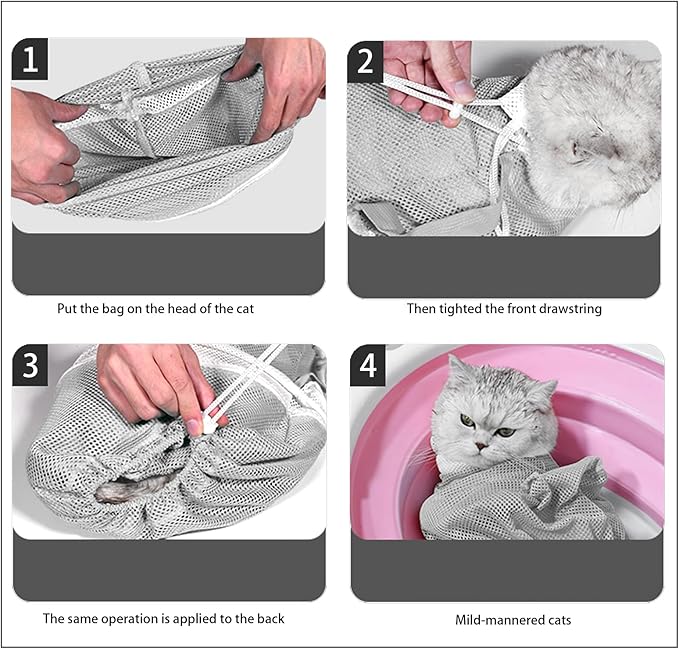 Adjustable Multifunctional Anti-Bite Shower net Bag，Cat Grooming Mesh Bag, Cat Bathing Bag，Cat Bath Brush and Cat Nail Clipper-Mewly Pet