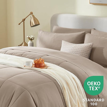 CozyLux Full Size Comforter Sets Khaki, 7 Pieces Bed in a Bag, Khaki Comforter Full Size, All Season Bedding Sets with Stitch Quilted Comforter, Flat Sheet, Fitted Sheet, Pillowcases