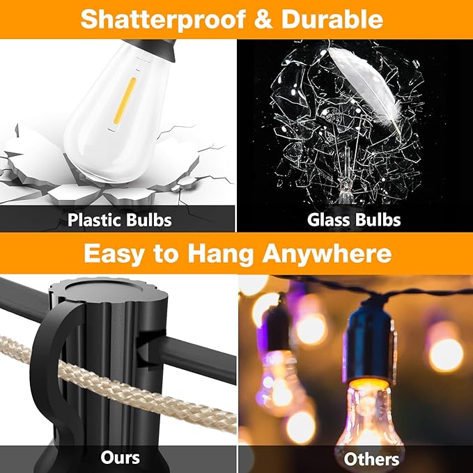 GLUROO Outdoor String Lights 180FT, 90+6Pcs Vintage Bulbs Shatterproof 2700K LED Patio String Lights Waterproof, Connectable Edison Style Lights, Hanging Lights for Backyard, Bistro