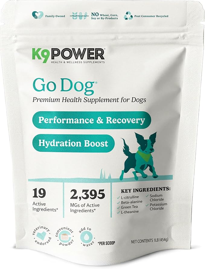 K9 Power Go Dog Hydration & Performance Drink Mix 1 lb - Active Dog Supplement for Muscle Function, Endurance, Recovery, with Electrolytes Support-Mewly Pet