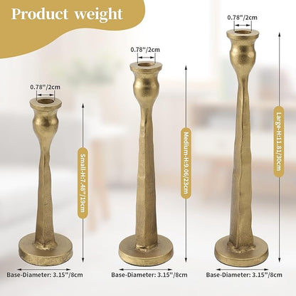 Heavy Duty Cast Iron Antique Brass Gold Candlestick Holders Set of 3,Tall Taper Candle Holders,Table Vintage Decor Centerpiece Candle Holders for Fireplace Party Dining Home