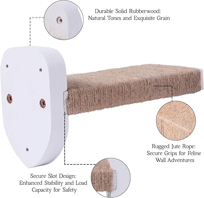 3pcs Wall Mounted Cat Steps, Climbing Furniture, Shelves With Hemp Rope Covered, Solid Wood Ladder for Playing and Climbing (Standard-White)-Mewly Pet