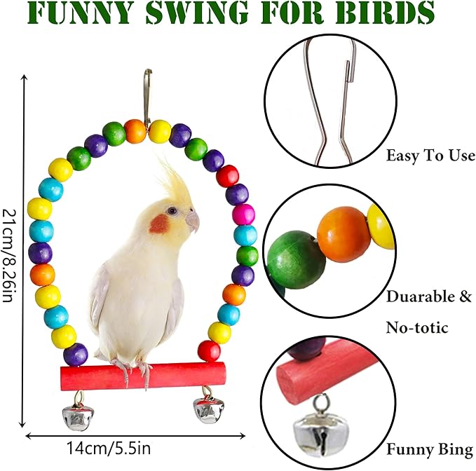 Bird Parakeet Cockatiel Toys, ESRISE Parrots Cage Hammock Swing Climbing Ladders Wooden Perch Chewing Toy for Budgerigar, Conures, Love Birds, Budgies-Mewly Pet