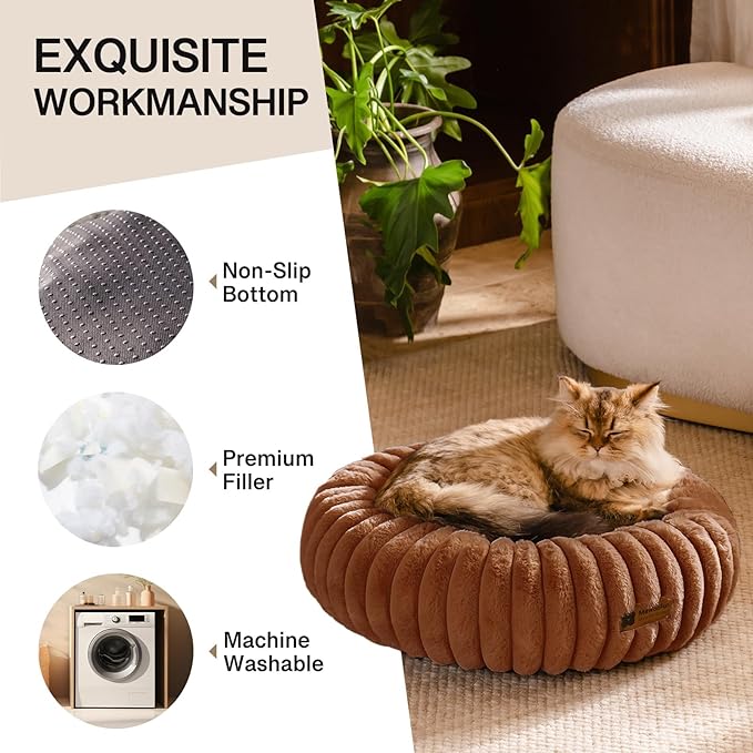 MEWOOFUN Donut Dog Beds for Small Dog, Calming Bed Round Cute Puppy Bed with Non-Slip Bottom, Fluffy Washable Pet Bed for Puppy and Kitten (Dark Brown, M (30x30x8))-Mewly Pet