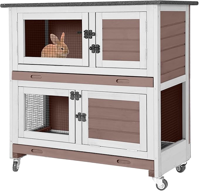 2-Story Rabbit Hutch Indoor Bunny Cage Wooden Guinea Pig House with Chew-Proof Ramp, Leakproof Slide-Out Trays, Lockable Caster Wheels for 1-3 Rabbits (Brown)-Mewly Pet