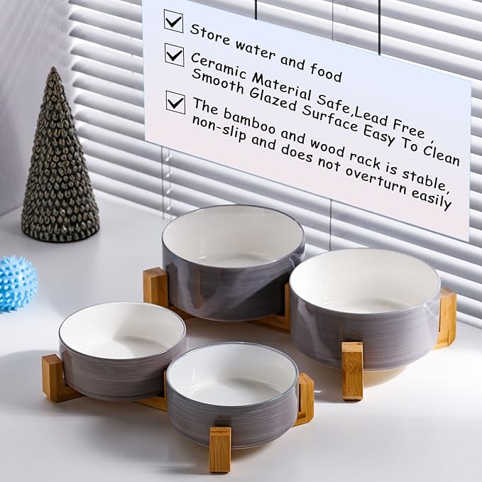 Petygooing Ceramic Cat Dog Bowl Set with Wood Stand, 13.5OZ/5.1 in, Grey White-Mewly Pet