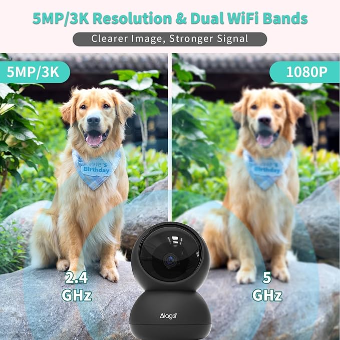 Alaga 3K Pet Camera, Dog Monitor with Phone App, 360° Pan/Tilt, Night Vision, Speaker, WiFi Cameras for Dog/Cat, Compatible with Alexa & Google Assistant, Black, Includes 1-Year Pet Time Album-Mewly Pet