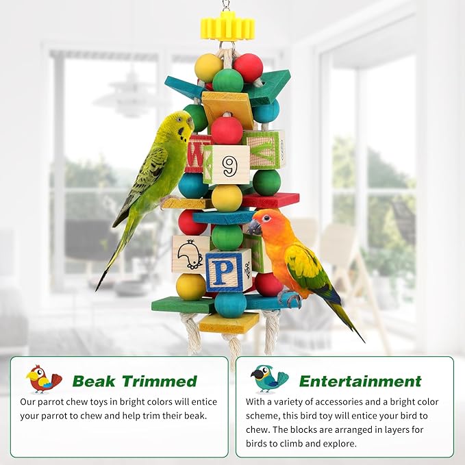 Rypet Wood Bird Chewing Toy for Cage, Wooden Birds Cage Toys for Helping Trim Beak, Parrot Toys for African Grey Parrots Cockatoos Amazon Parrot and Other Small to Medium Parrots-Mewly Pet