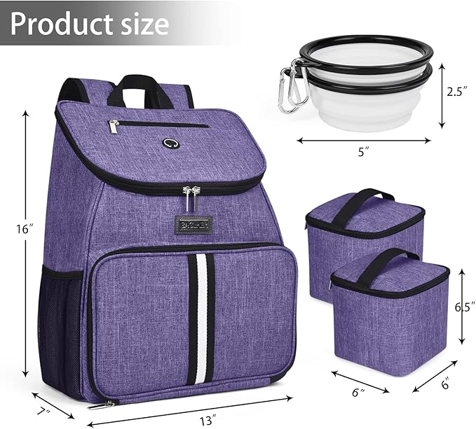 BAGLHER丨Dog Travel Bag, Airline Approved Pet Supplies Backpack, Dog Travel Backpack Accessories Set with 2 Silicone Collapsible Bowls and 2 Food Baskets. Purple-Mewly Pet
