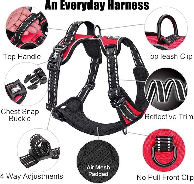 PoyPet No Pull Dog Harness, Reflective Comfortable Vest Harness with Front & Back 2 Leash Attachments and Easy Control Handle Adjustable Soft Padded Pet Vest for Small to Large Dogs (Red,XS)-Mewly Pet
