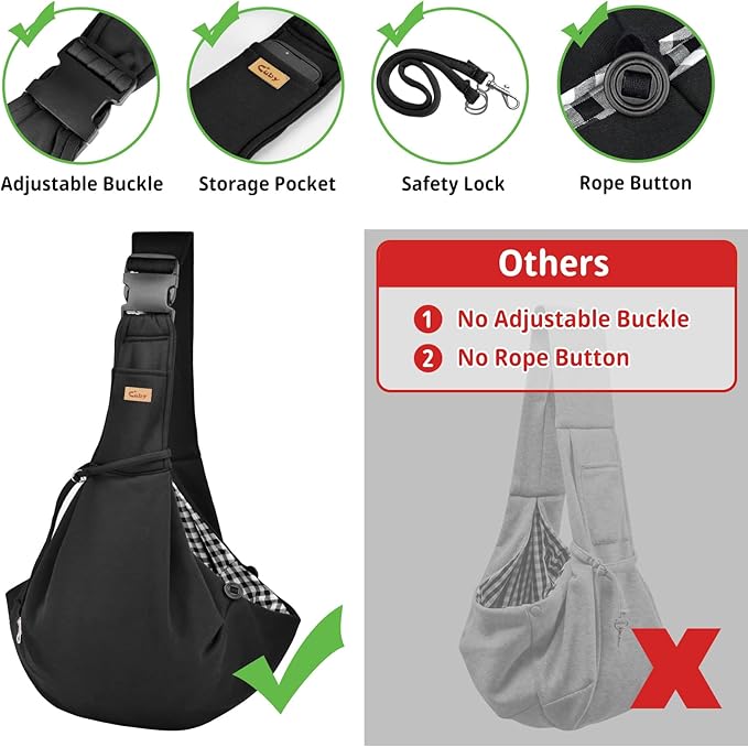 CUBY Dog and Cat Sling Carrier, Hand-Free Dog Carrier Slings with Adjustable Straps Pocker, Puppy Slings Carrier for Small Dogs Cats Outdoor Travel Bag(Black, M-Adjustable Strap)-Mewly Pet