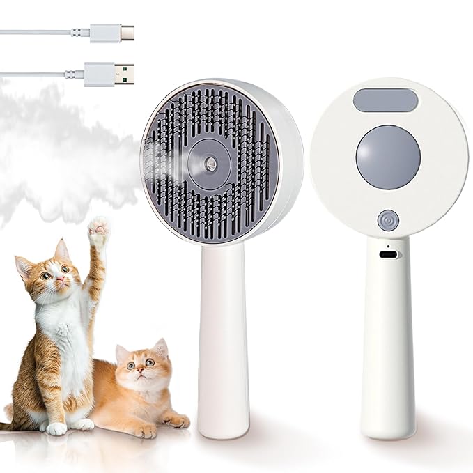3 in 1 Cat Steam Brush, Self-Cleaning Anti-Static Pet Spray Hair Removal Comb for Cats with Release Button and Tank, Rechargeable Steam Brush for Shedding, Massage and Cleaning-Mewly Pet
