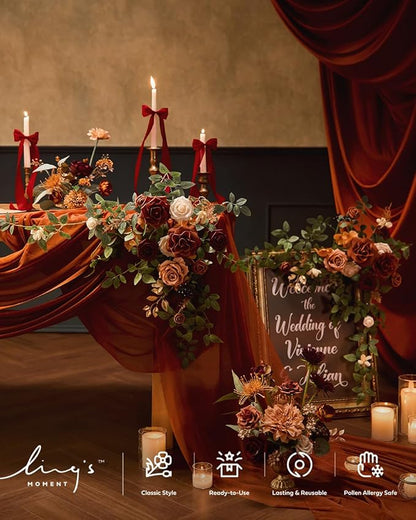 Ling's Moment 2pcs Wedding Flowers Garland Artificial Floral Swag Arch Decorations Rose Greenery Arrangements Sunset Terracotta Ceremony Reception Garden Easel Wall Entryway Outdoor (NOT Include Sign)
