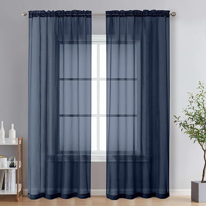 OVZME Navy Blue Sheer Curtains 78 Inches Long 2 Panels - Soft Light Filtering Window Sheer Panels for Living Room/Bedroom, Top Dual Rod Pocket, 1 Pair, Each 42Wx78L Inches