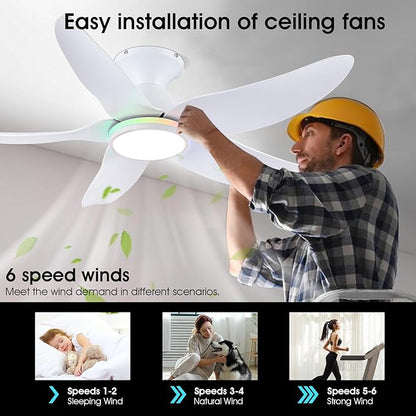 46" Ceiling Fans with Lights Remote/APP Control, Low Profile Ceiling Fans with Dimmable White Colors+Ring RGB Lights, 6 Speeds 5 Reversible Curved Blades for Kids Room Bedroom Living Room Bar, White