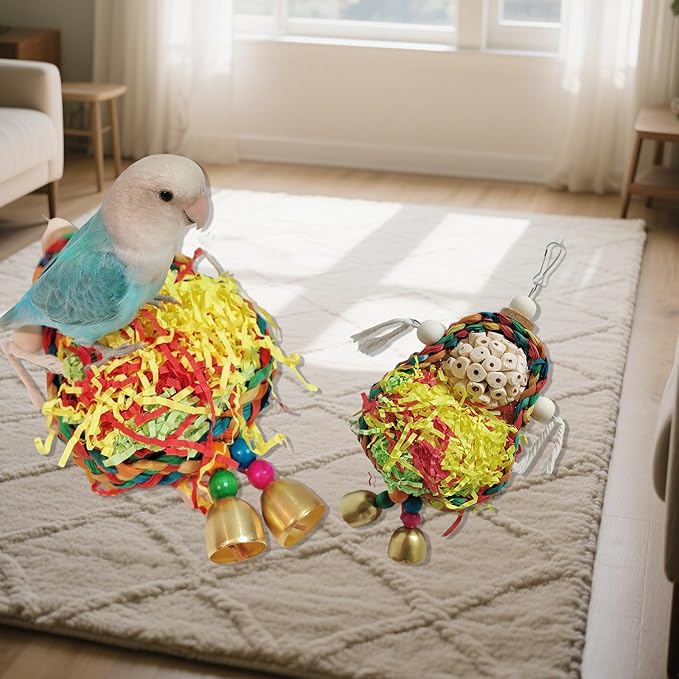 Parakeet Toys,Natural Sola Balls and Shredding Hanging Chewing Toy,2 PCS Small and Medium-Sized Parrot Toys, Bird Toys for Parrots,Cockatiels,Conures,Lovebird,Christmas Birds Toy-Mewly Pet