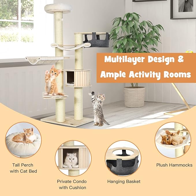 PETSITE 77.5" Tall Cat Tree, Multi-Level Modern Cat Tower with Sisal Scratching Posts, Top Perch, Cat Condo, Hammocks, Hanging Basket, and Jingling Balls, Cat Tree Tower for Indoor Cats Large Adult-Mewly Pet